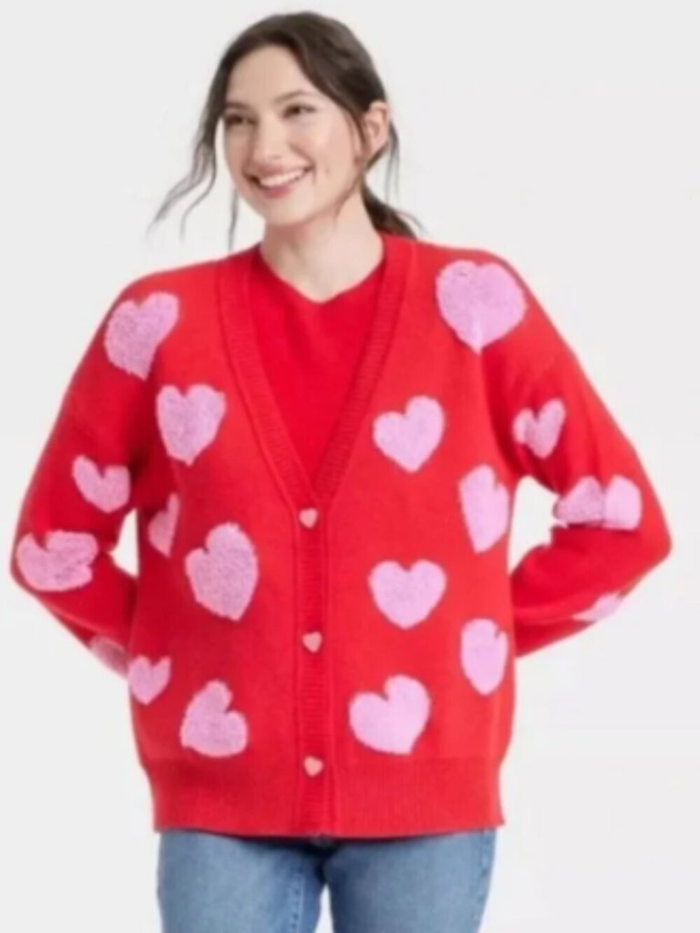 33 Degrees Womens Size XXL Cardigan Sweater Red Pink Hearts V-Neck Button Cotton